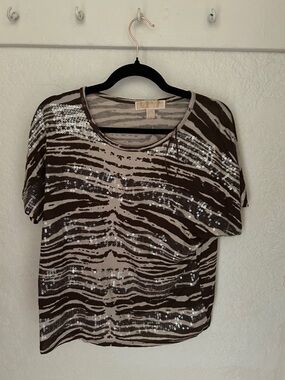 Michael Kors Brown and Silver Sequin Zebra Top